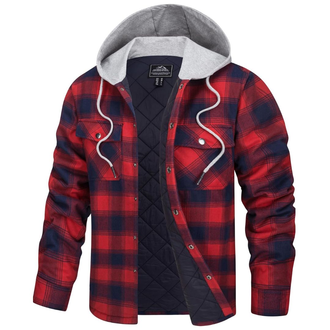 Men's thick plaid flannel hooded coat winter cotton outerwear with pockets, warm durable long sleeve