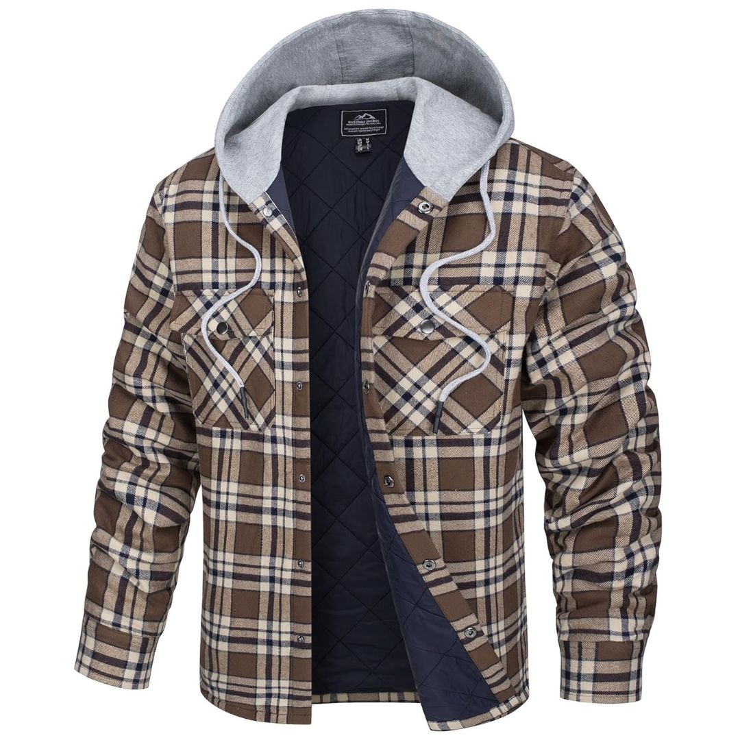Men's thick plaid flannel hooded coat winter outerwear with front pockets durable cotton construction