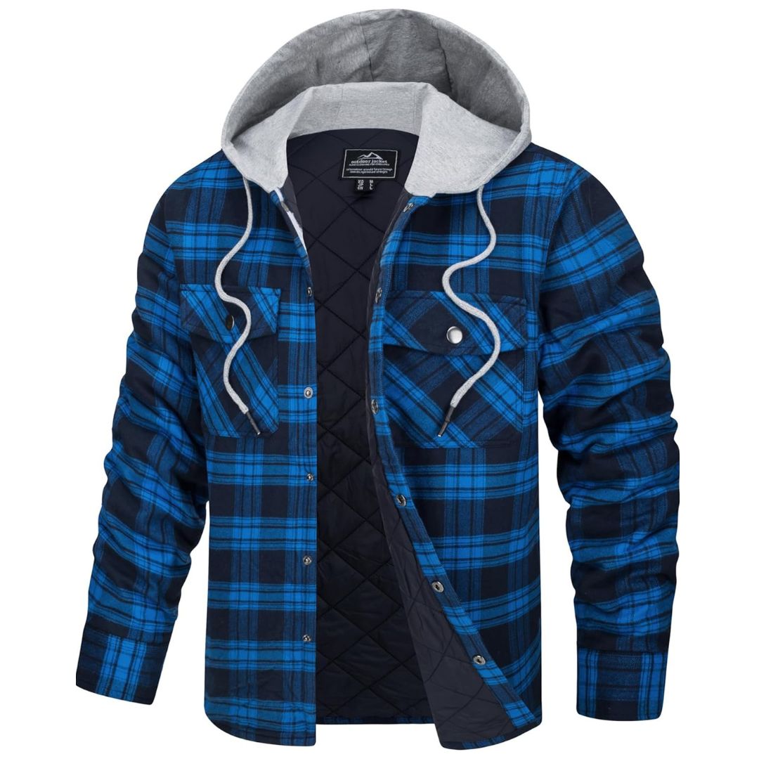 Men's thick plaid flannel hooded winter coat in classic check pattern with deep side pockets