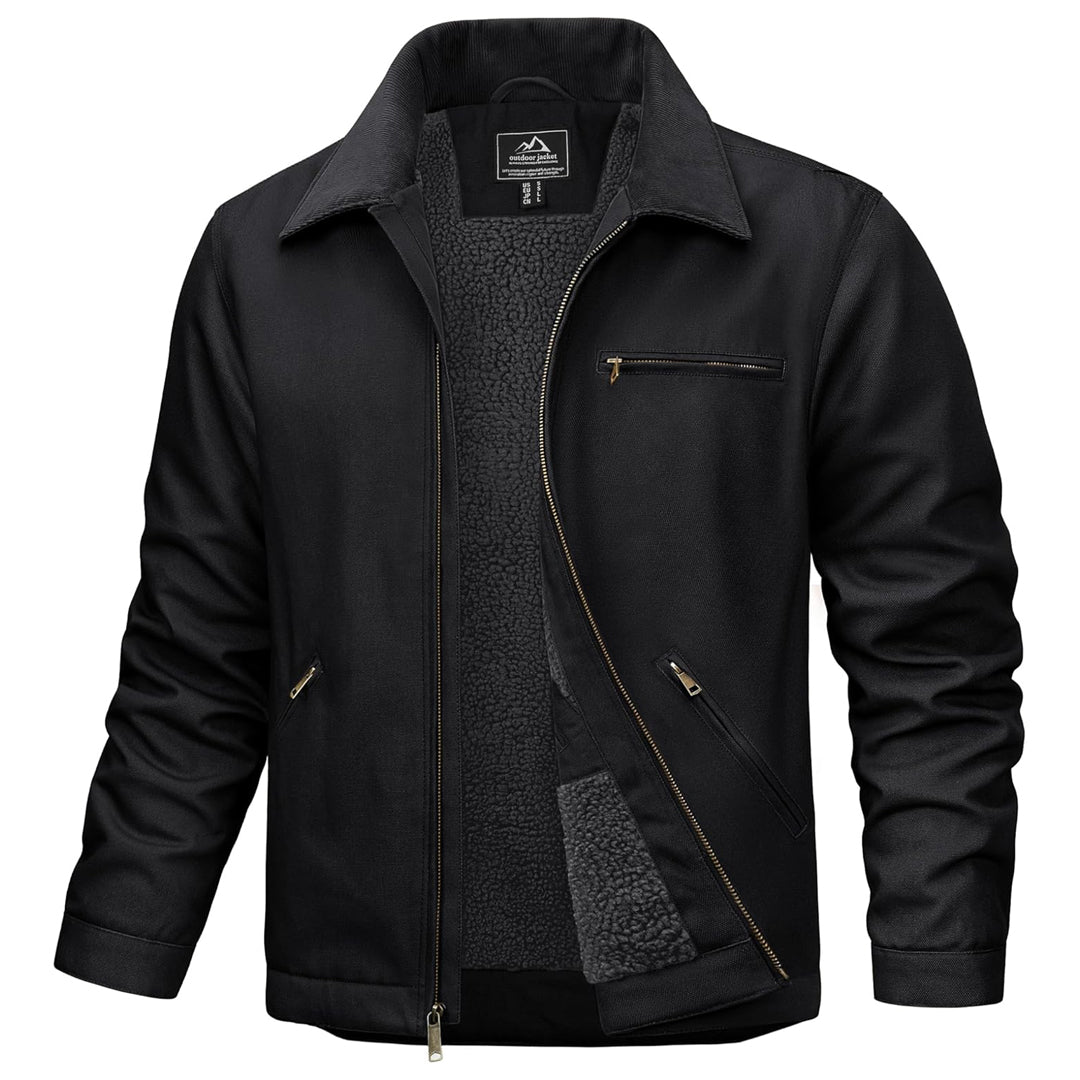 Men's brown duck canvas work jacket with sherpa lining, quilted sleeves, and five-pocket heavy-duty design