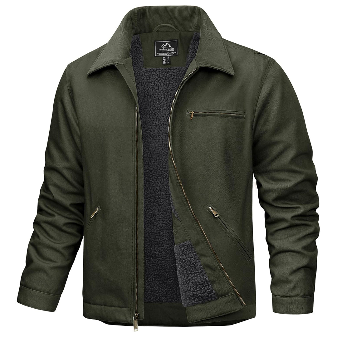 Men's brown insulated duck canvas work jacket with sherpa lining and five-pocket heavy-duty design