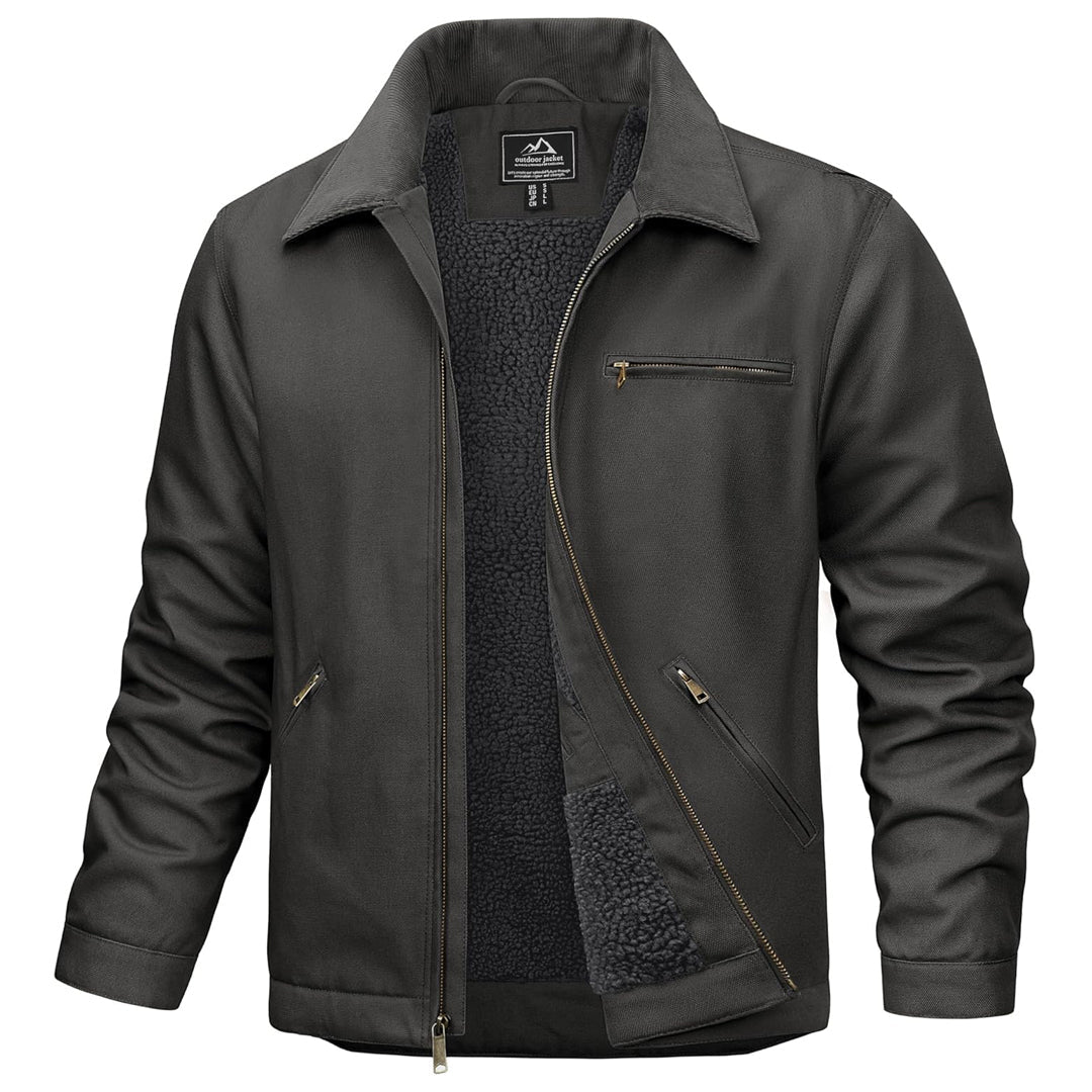Men's brown duck canvas work jacket with sherpa lining, quilted sleeves, and five-pocket heavy-duty design