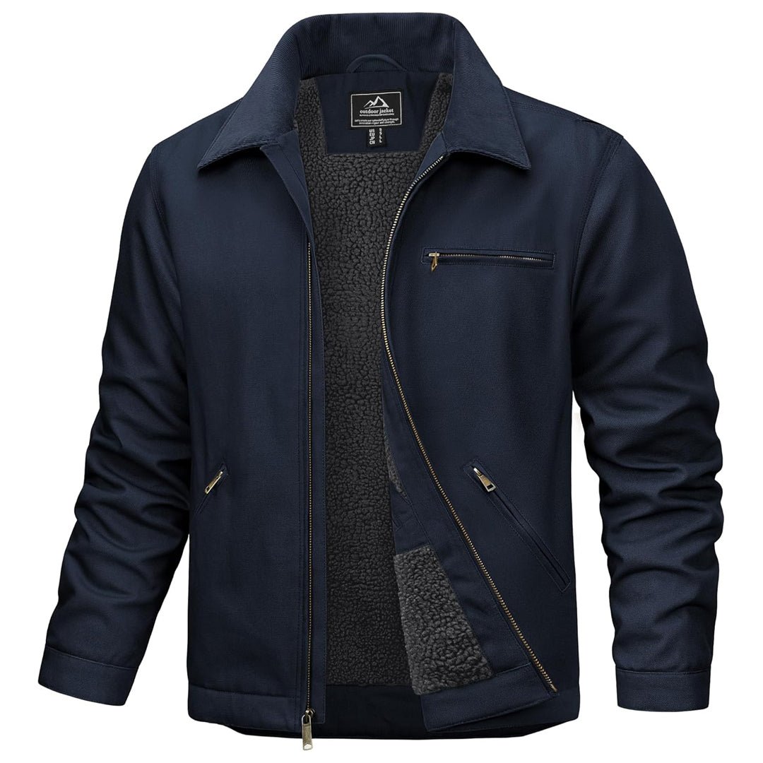 Men's brown duck canvas work jacket with sherpa lining, quilted sleeves, and five-pocket heavy-duty design