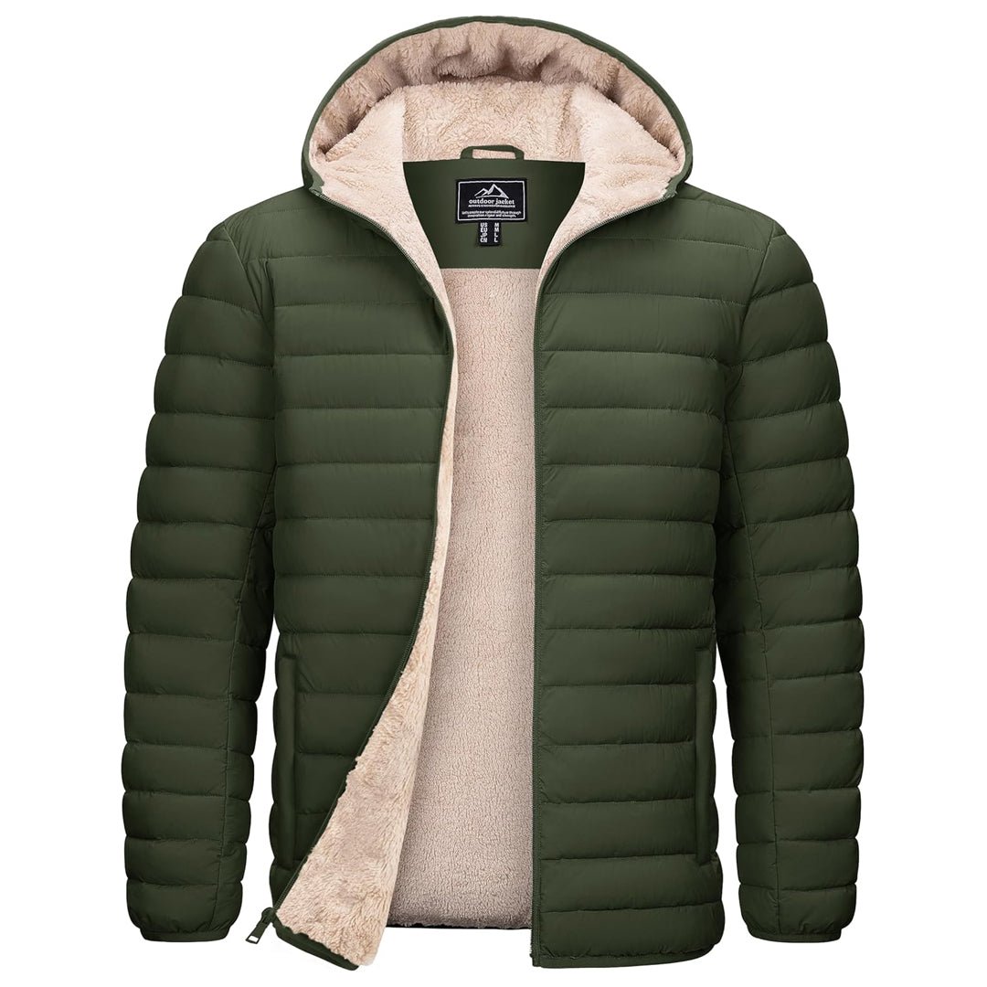 Men's black hooded puffer jacket water-resistant windproof coat with cozy sherpa fleece lining