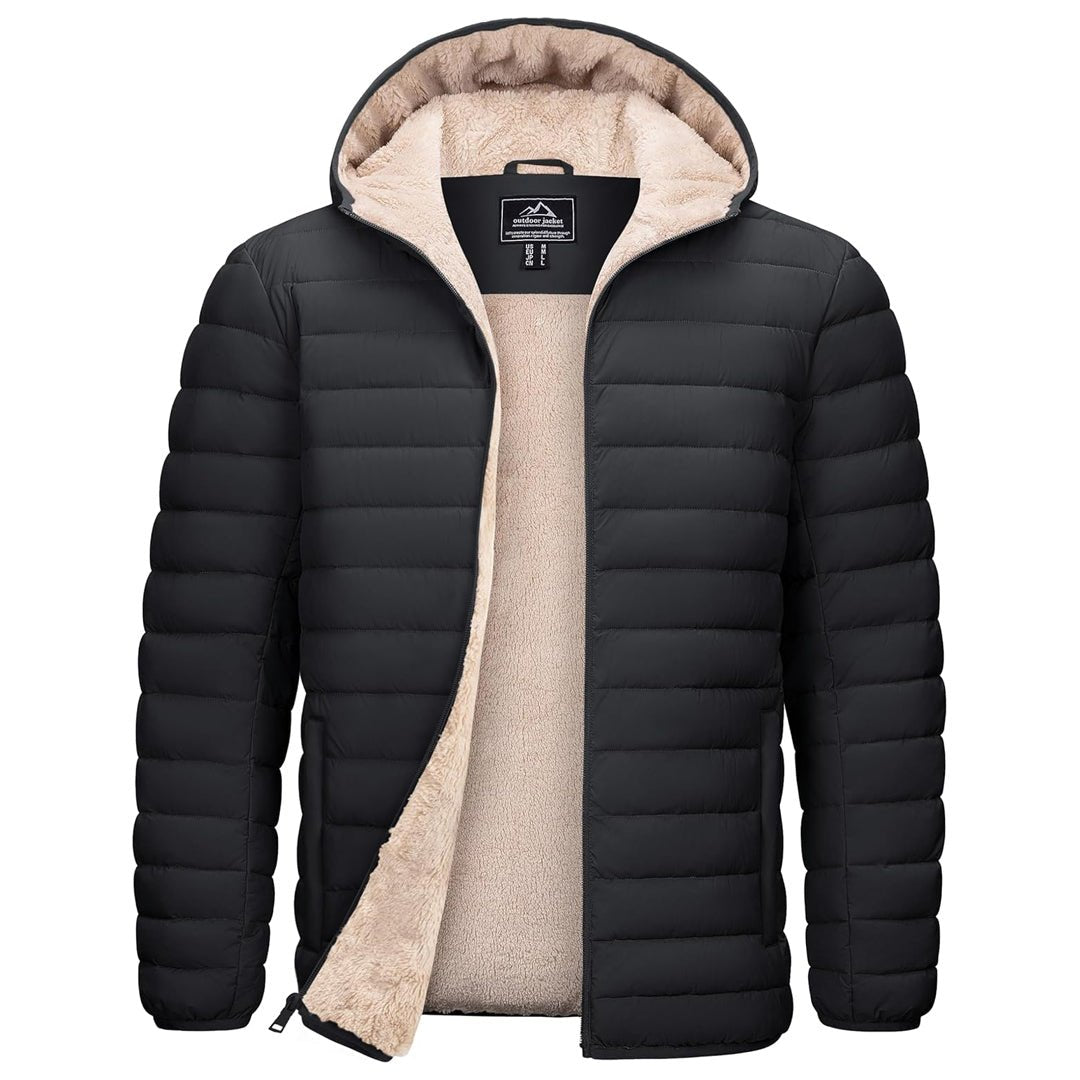 Men's hooded puffer jacket winter coat with sherpa fleece lining, water-resistant windproof insulated warmth