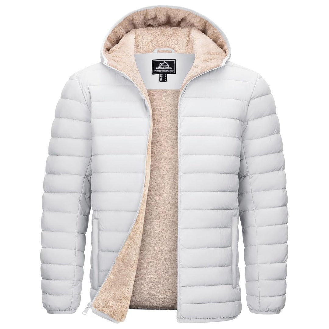 Men's insulated hooded puffer jacket with sherpa lining, water-resistant windproof winter coat