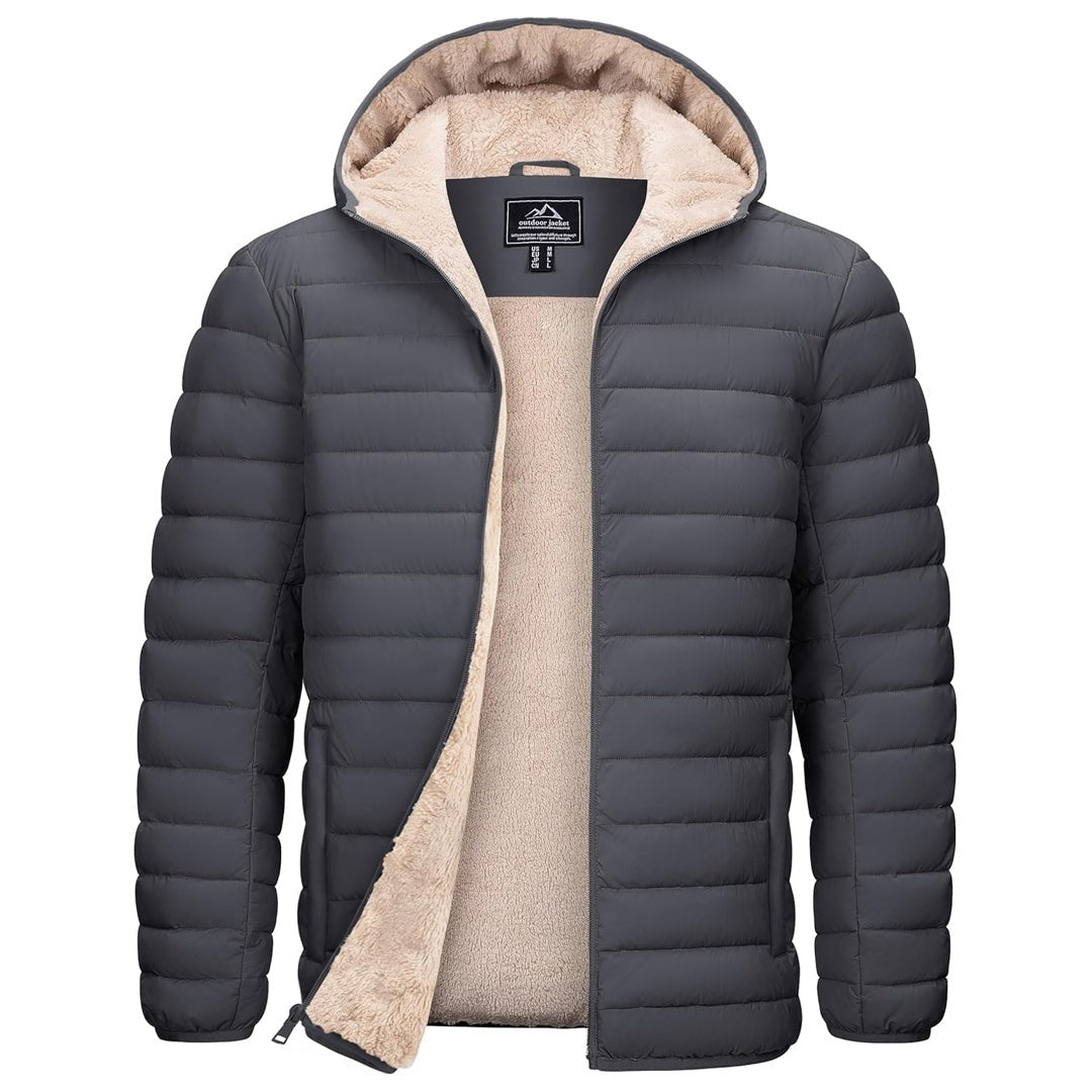 Men's navy insulated hooded puffer jacket with sherpa lining, water-resistant windproof winter coat