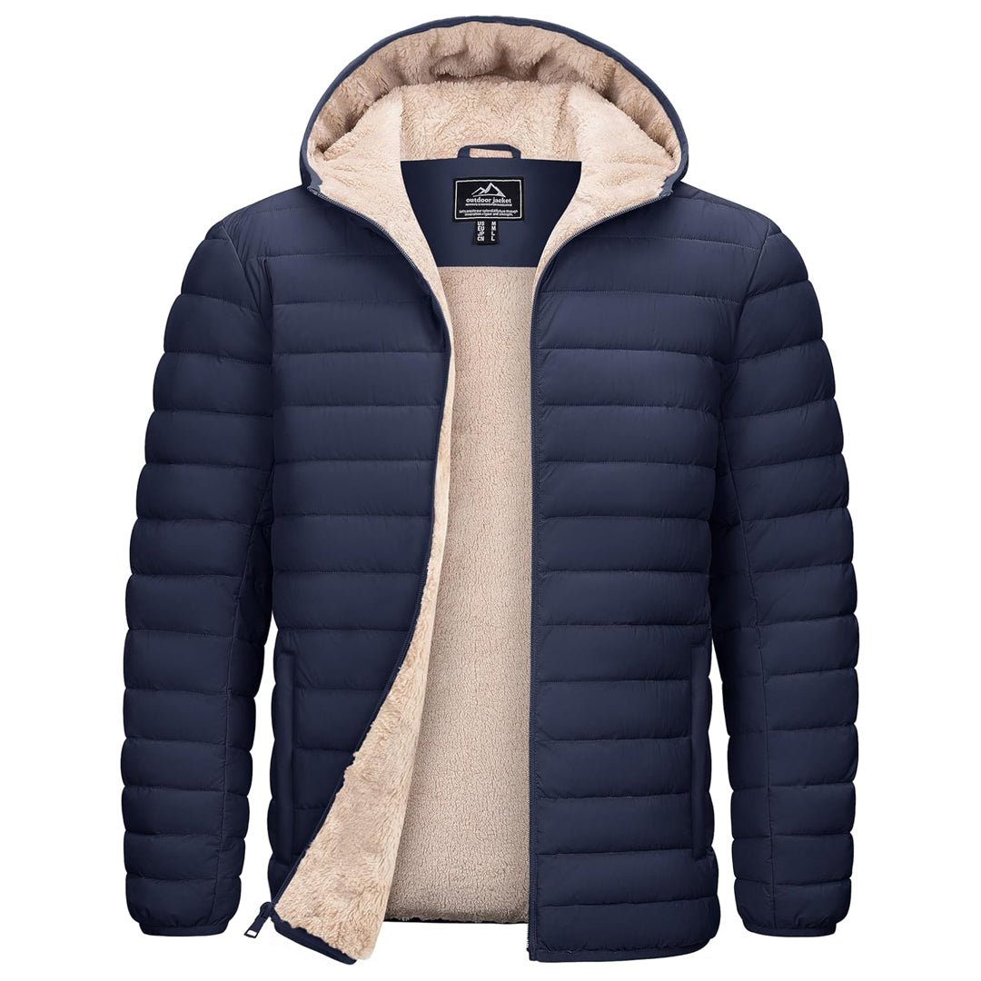 Men's black hooded puffer jacket water-resistant windproof coat with sherpa fleece lining