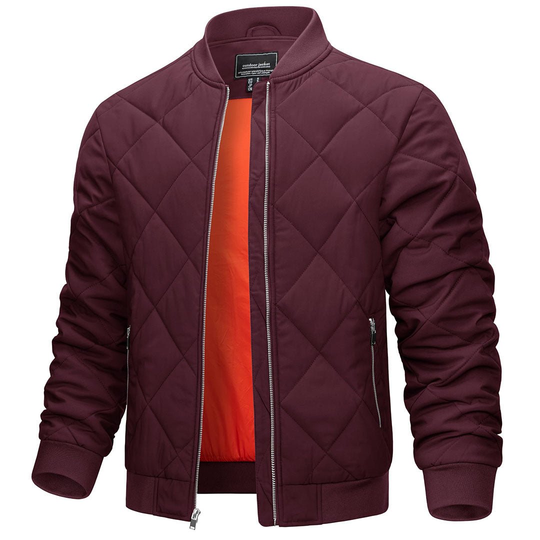 Men's windproof bomber varsity jacket with thick warm lining and rescue orange inner contrast