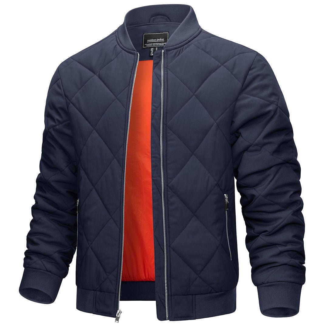Men's windproof bomber varsity jacket, thick warm lining, rescue orange interior, built for outdoor adventures