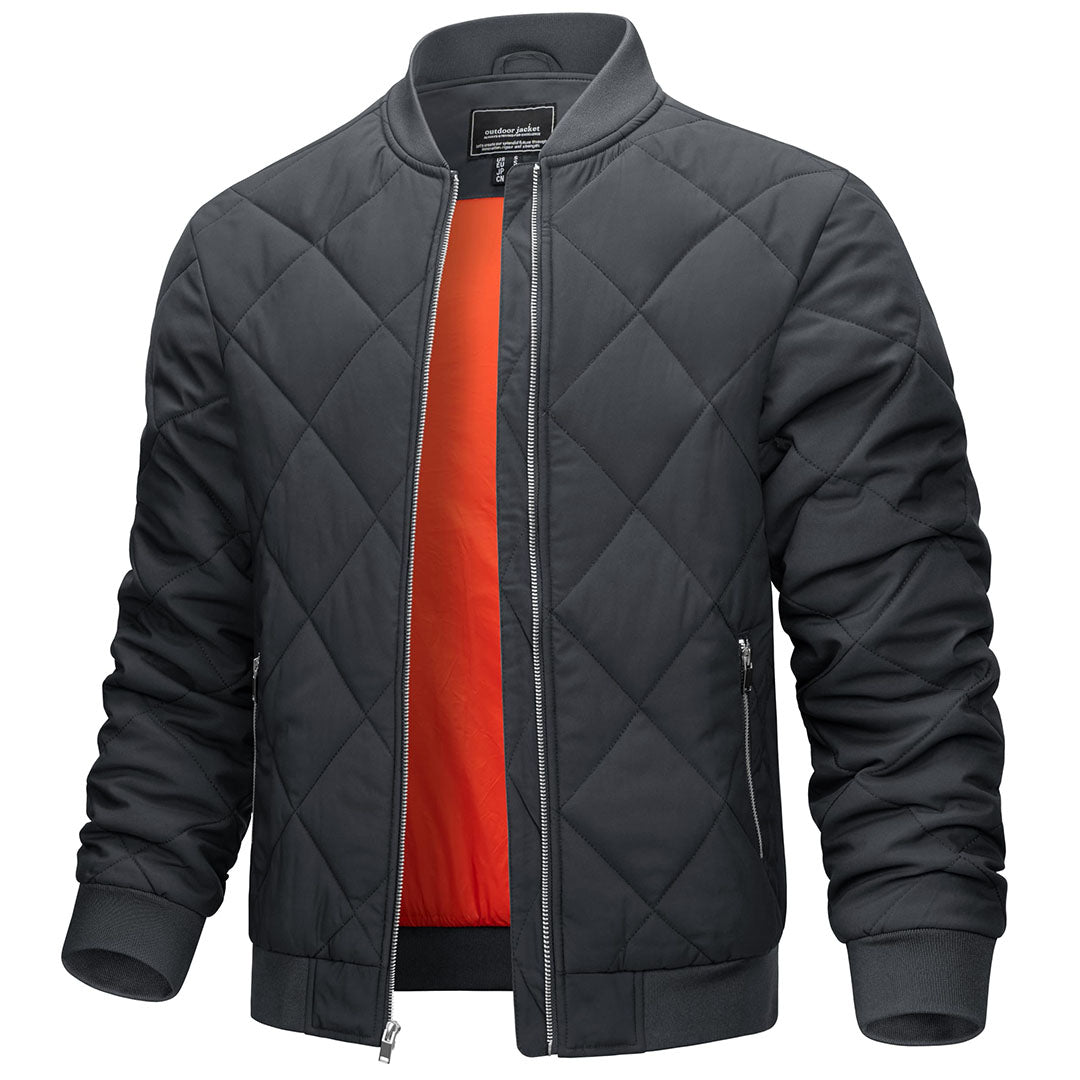 Men's windproof bomber varsity jacket black with rescue orange lining warm polyester outdoor winter coat
