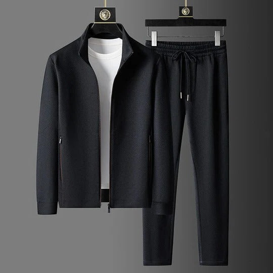 Men's two-piece athletic leisure suit track jacket and jogger set in modern slim-fit style
