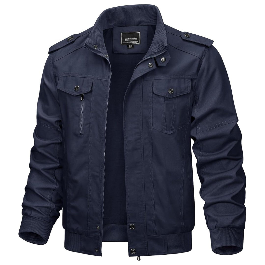 Men's lightweight cotton military cargo jacket, casual outdoor style with zipper front closure
