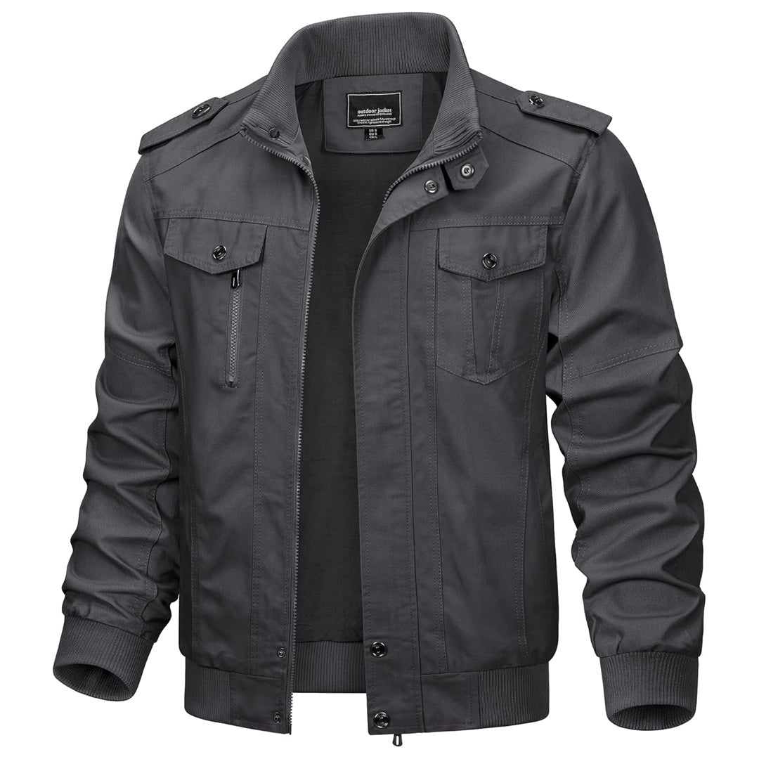 Men's lightweight cotton military cargo jacket, casual outdoor fit with zipper front and multi-pocket design