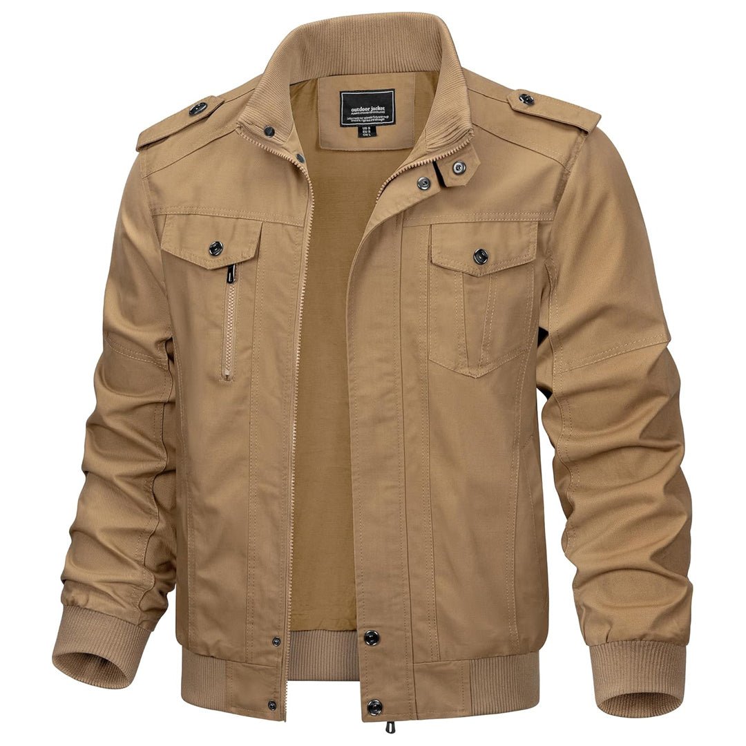 Men's lightweight cotton military cargo jacket, casual outdoor style with zipper front closure