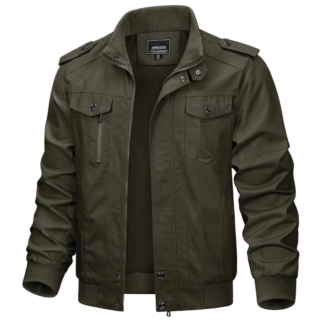 Men's lightweight cotton military cargo jacket, casual outdoor windproof zip-front style with rugged utility pockets