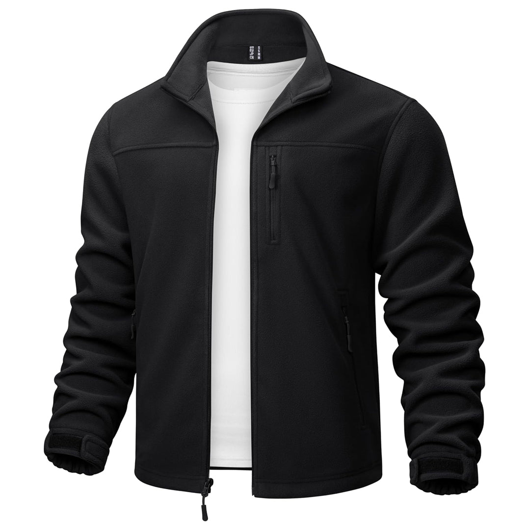 Men's lightweight polar fleece jacket windproof stand-up collar hiking outdoor gray slim fit