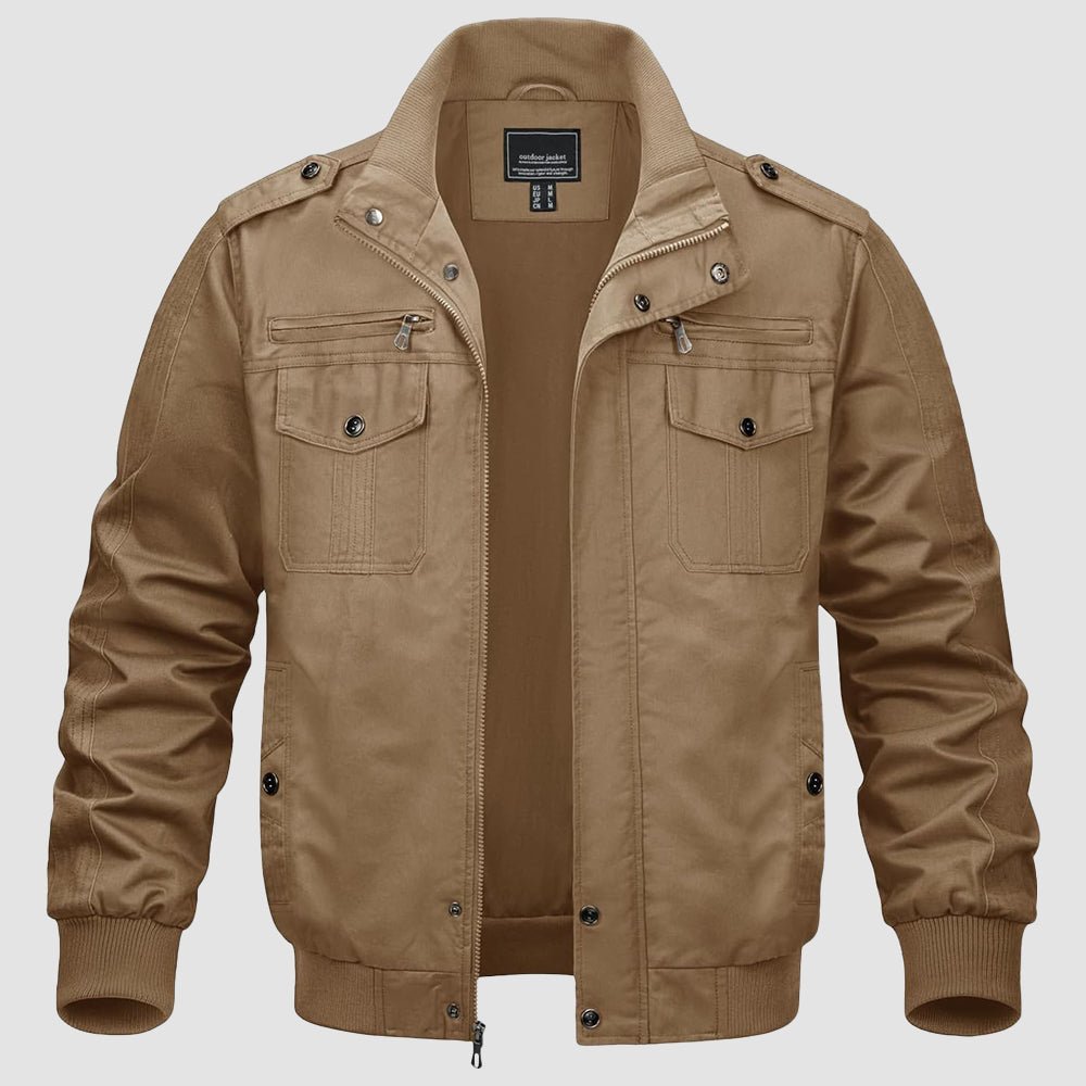 Men's olive green lightweight tactical cargo jacket military style with multi-pocket windproof design