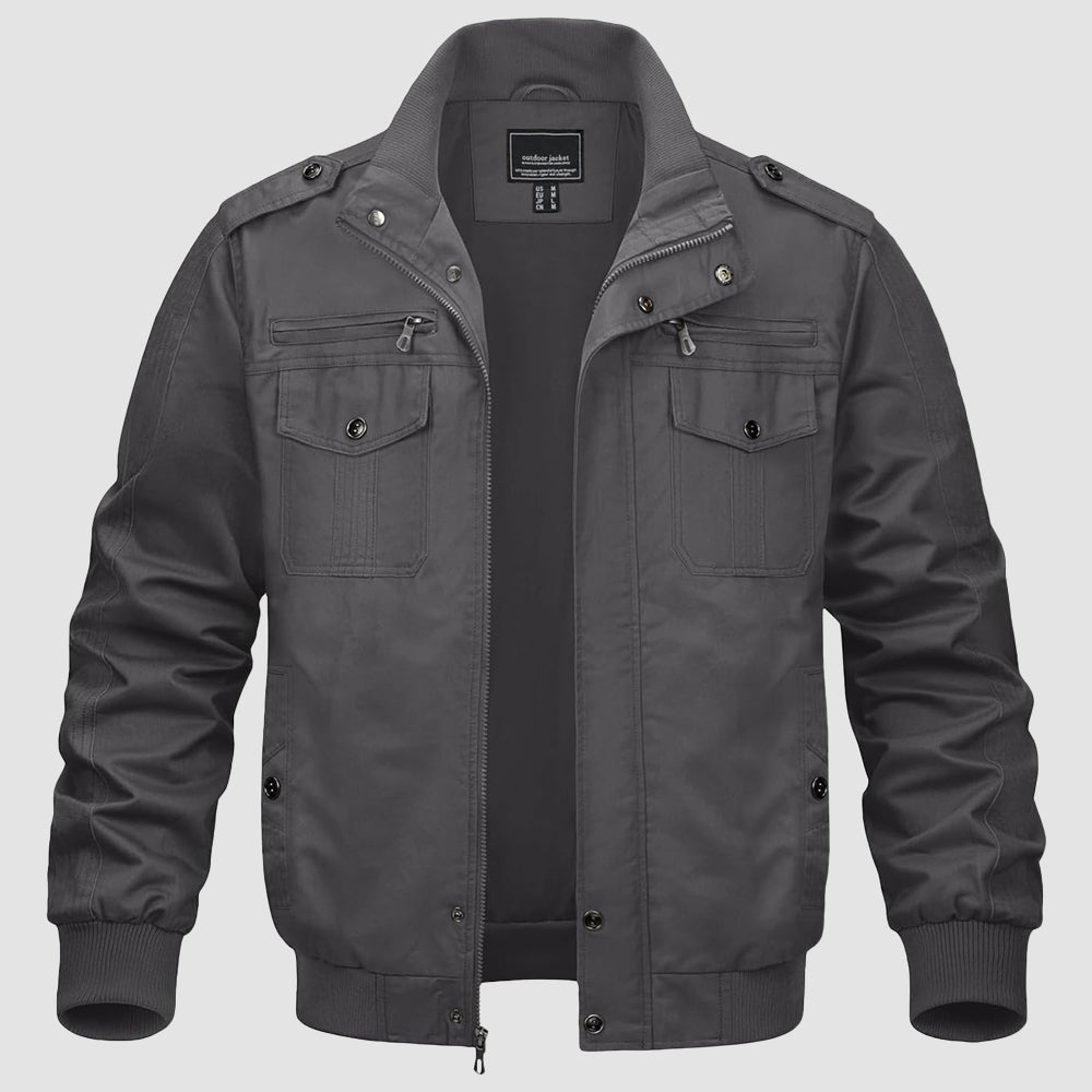 Men's lightweight tactical cargo jacket windproof military style with multi-pocket design and high collar