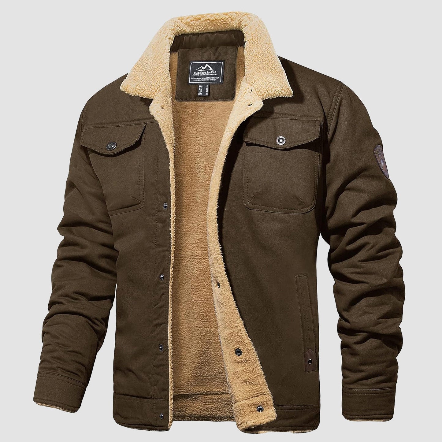 Men's sherpa lined trucker jacket heavyweight cotton multi-pocket design for warm winter outdoor wear