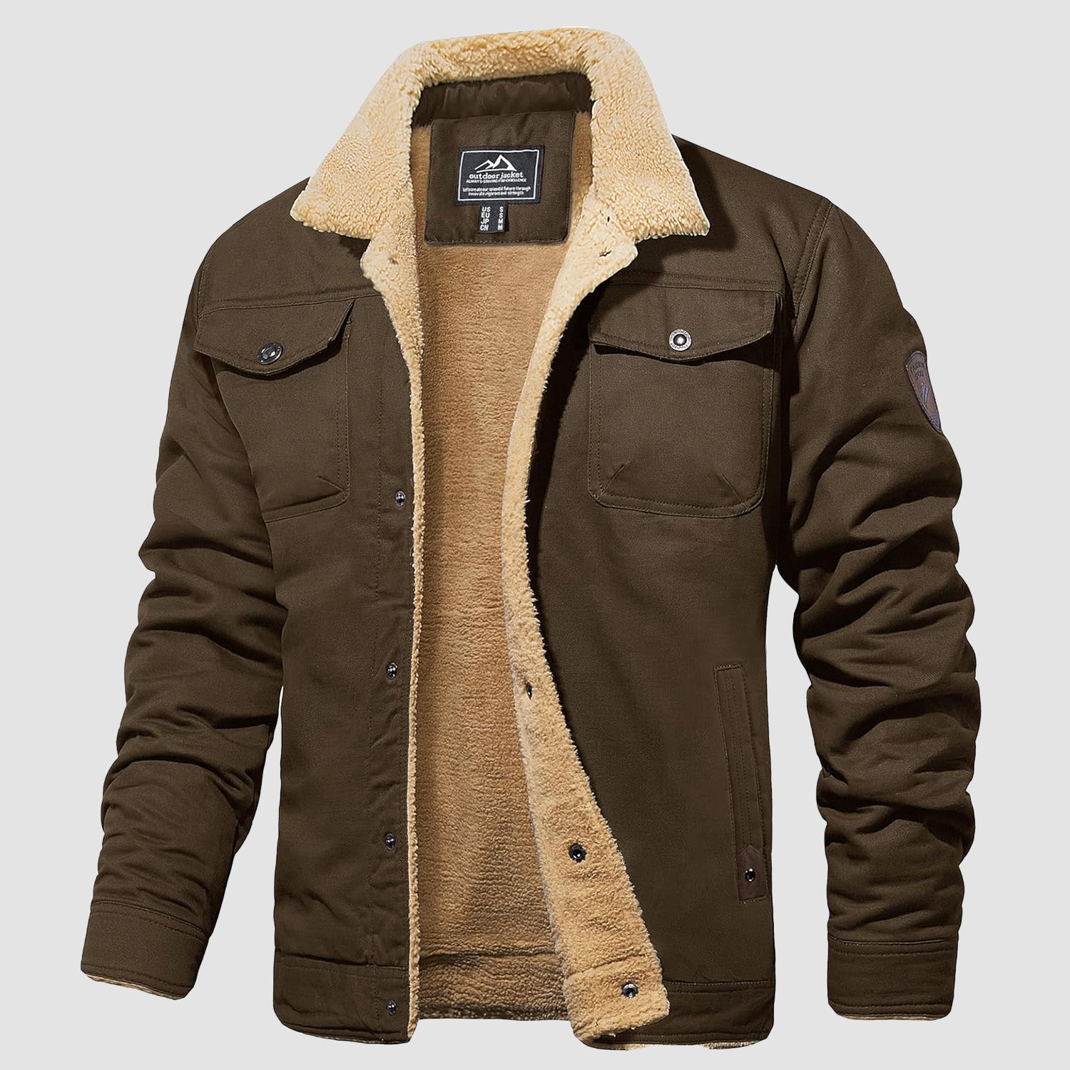 Men's sherpa lined trucker jacket heavyweight cotton multi-pocket design for warm winter outdoor wear
