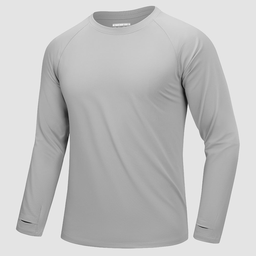 Men's long sleeve dry fit running shirt with raglan sleeves and thumb holes for active performance