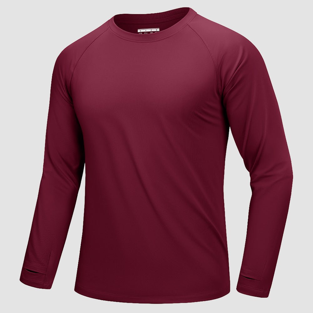 Men's long sleeve dry fit running shirt with raglan sleeves and thumb holes for active workouts