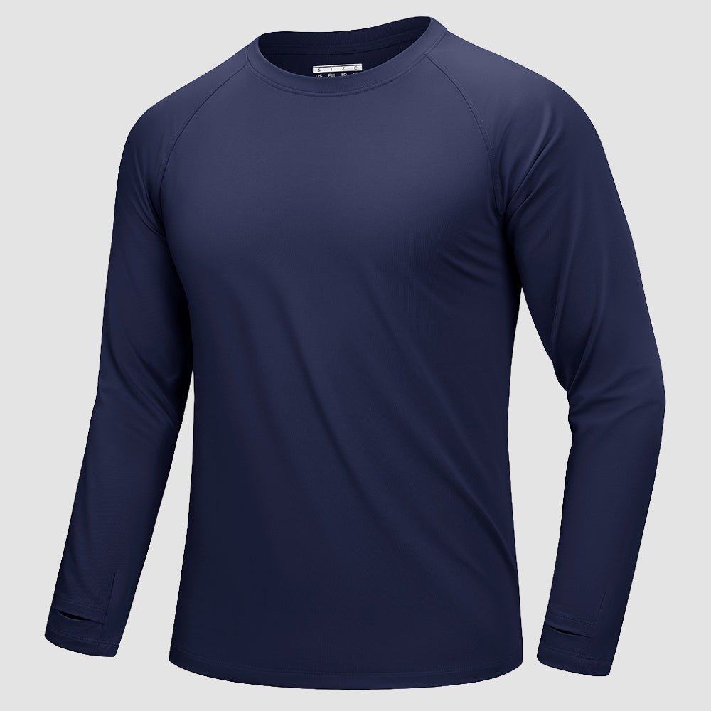 Men's long sleeve dry fit running shirt raglan cut with thumb holes moisture wicking athletic top