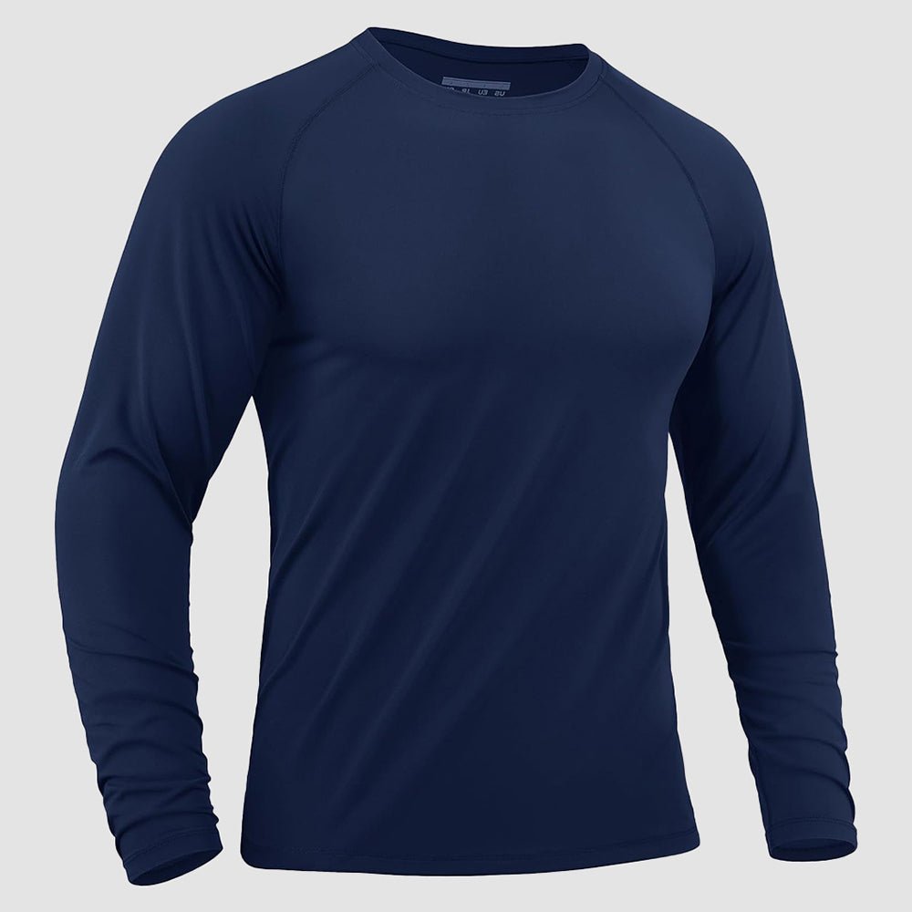 Men's long sleeve rash guard UPF 50+ swim shirt, lightweight stretchy polyester, quick-dry athletic fit