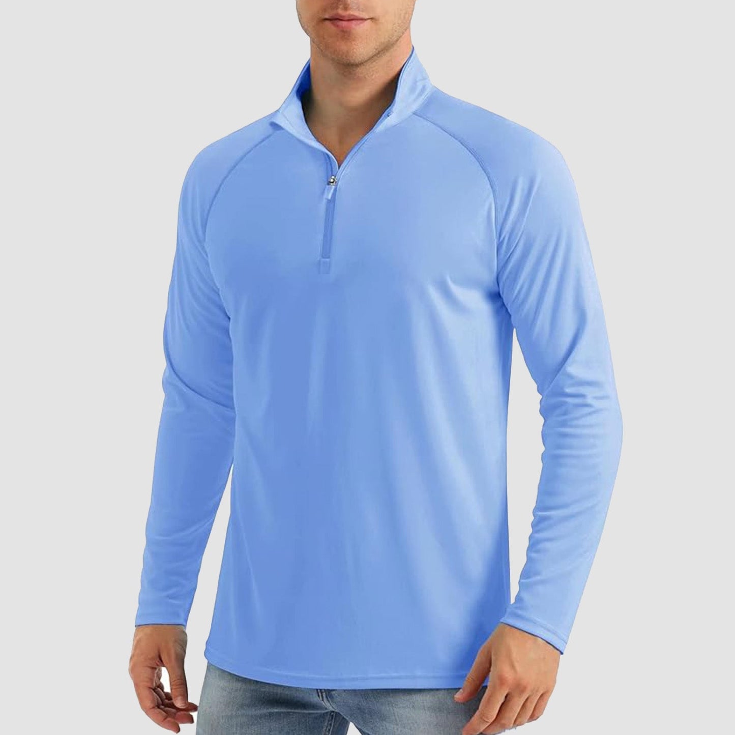 Men's light blue UPF 50+ quarter-zip sun shirt, lightweight moisture-wicking long sleeve outdoor athletic fit
