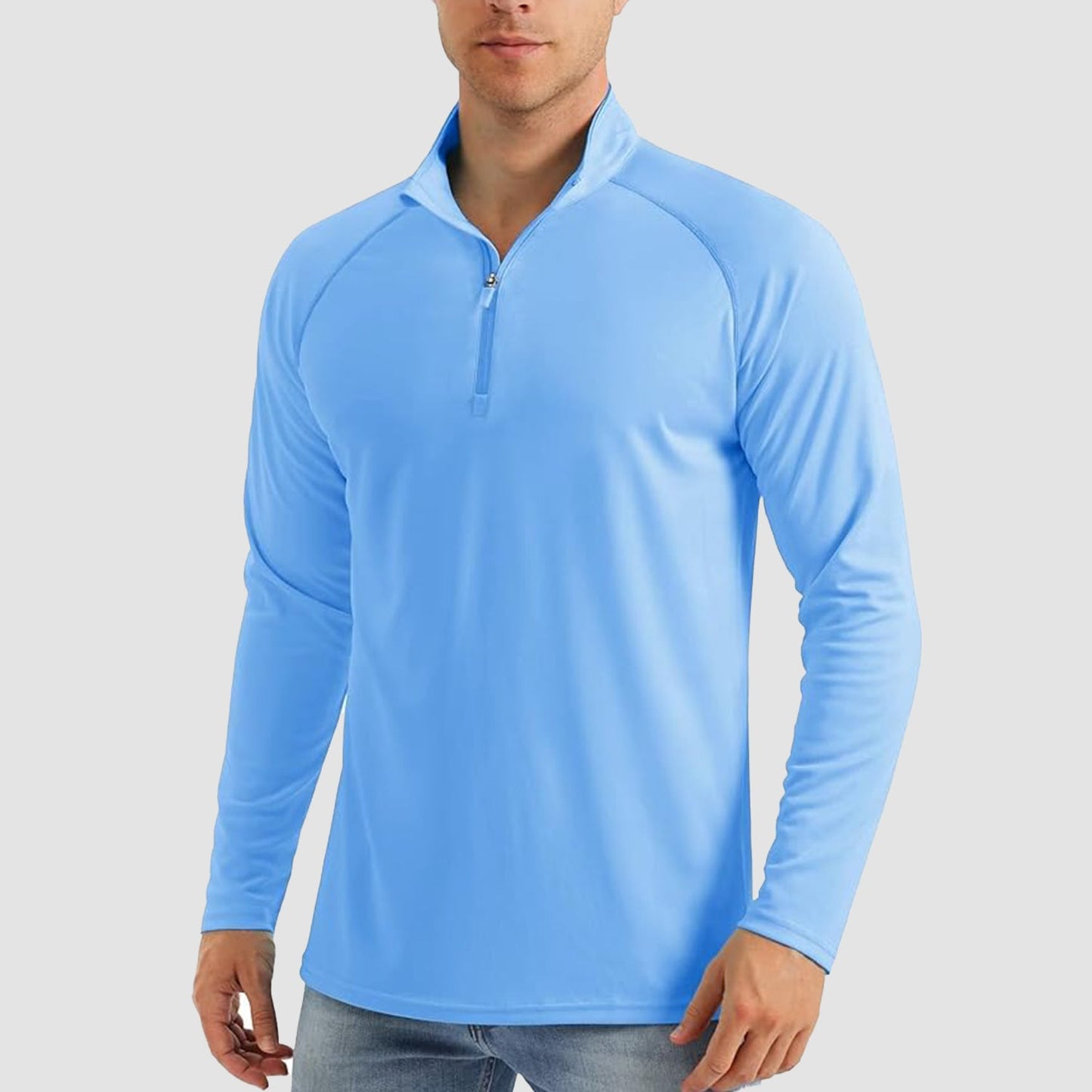Men's light blue UPF 50+ quarter-zip sun shirt, lightweight moisture-wicking long sleeve for outdoor use