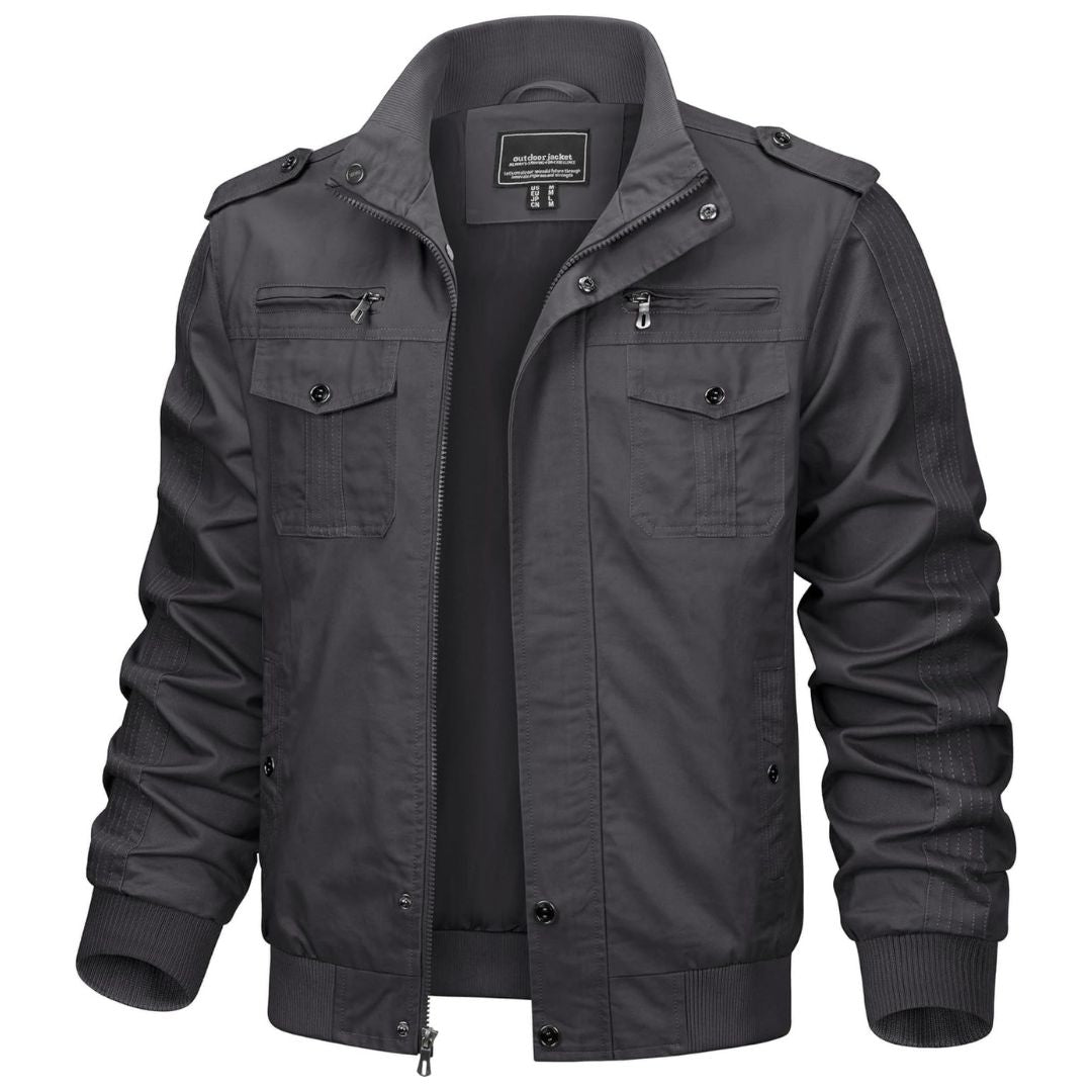 Men's lightweight cotton tactical jacket in army green, windproof cargo style with rugged military cut