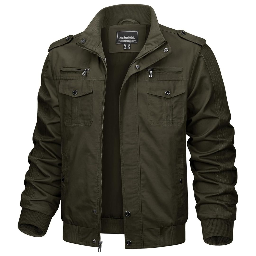 Men's lightweight cotton tactical jacket olive military cargo windbreaker with multi-pocket design