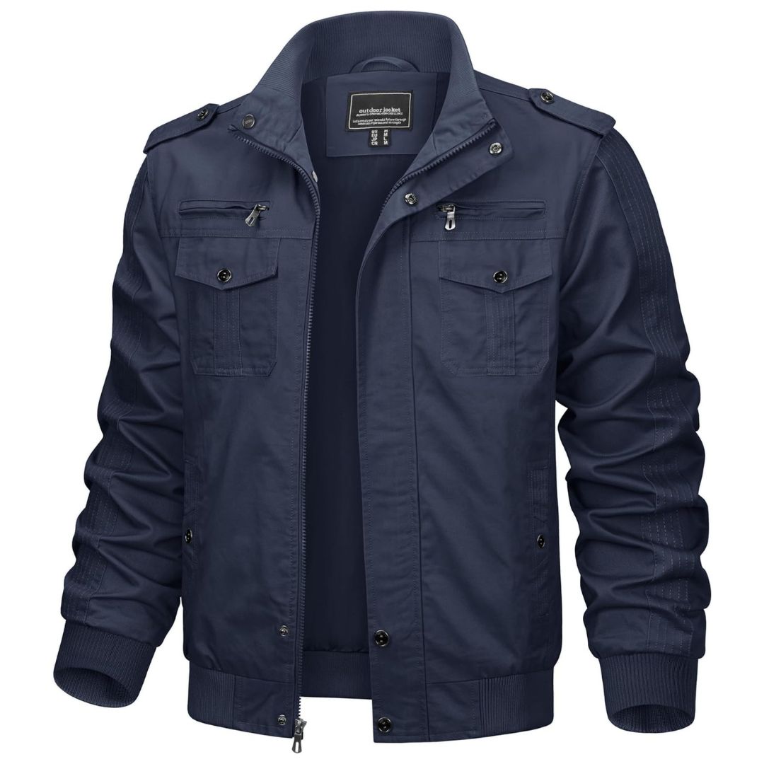 Men's lightweight cotton tactical jacket olive military cargo cut with windproof zip-up design