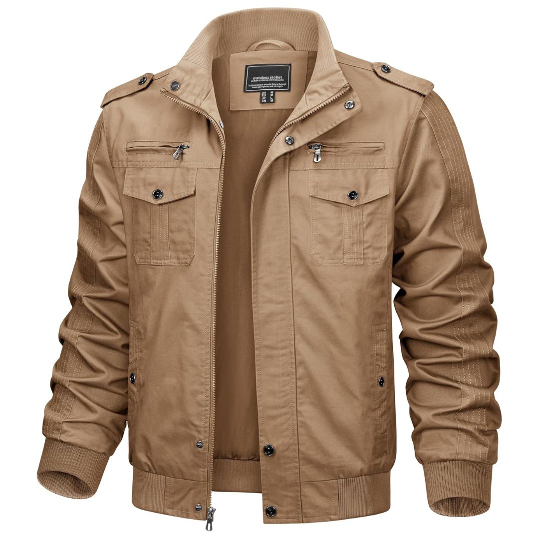 Men's lightweight cotton tactical jacket in army green, windproof cargo style with rugged military cut