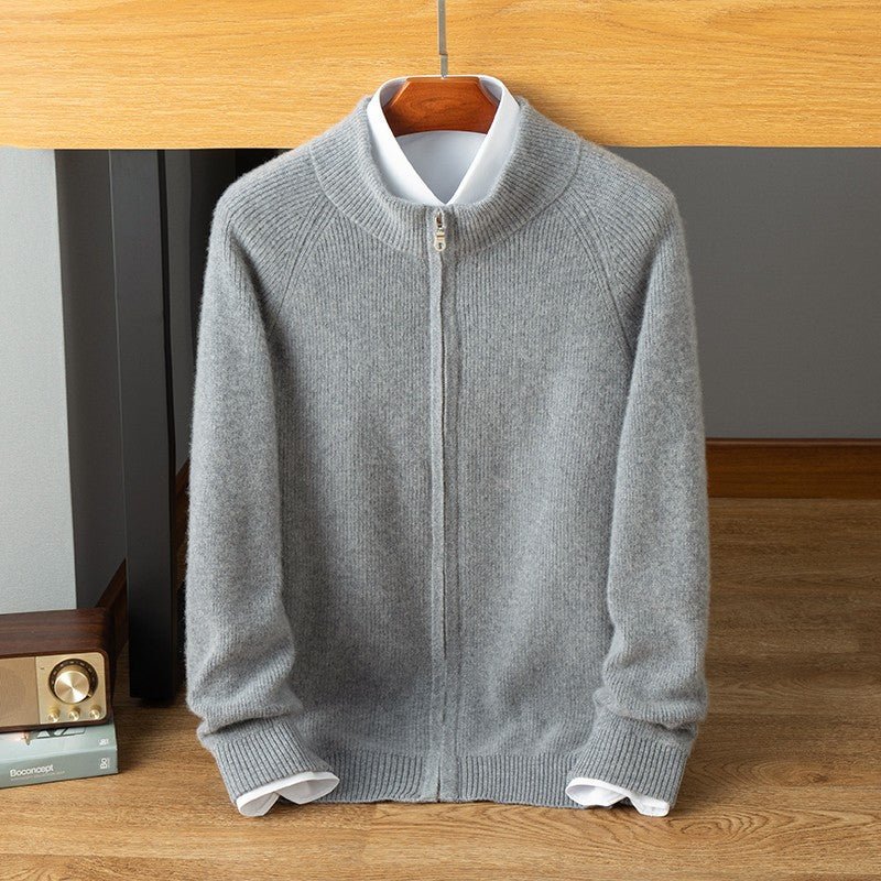 Men's zip-up cashmere sweater coat stand collar slim tailored fit luxurious soft warmth