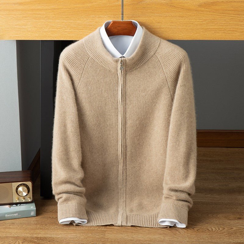 Men's zip-up cashmere sweater coat in neutral tone, slim fit with stand collar