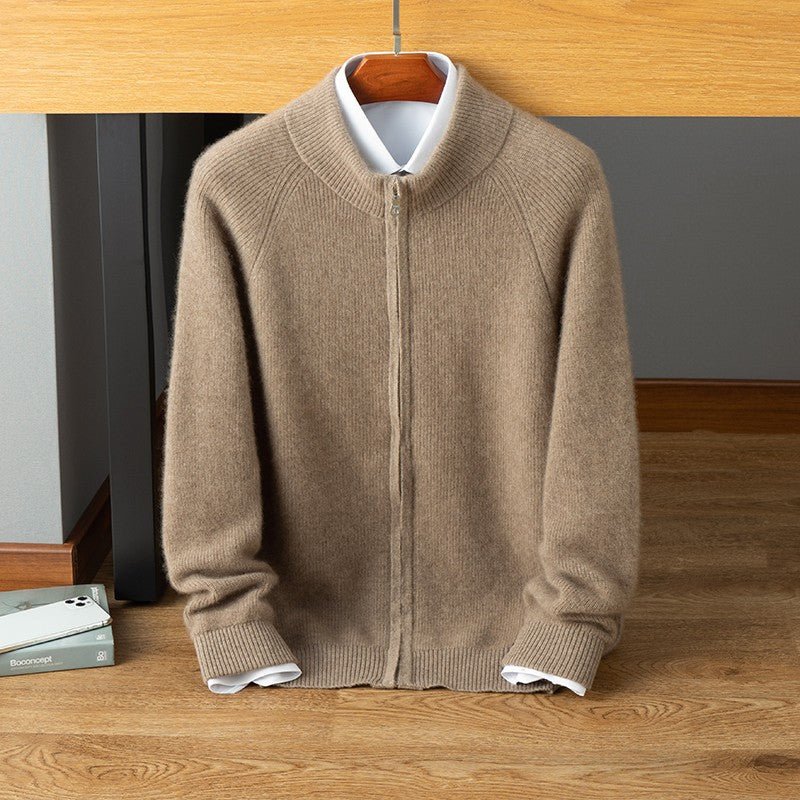 Men's camel zip-up cashmere sweater coat stand collar slim tailored fit luxurious knit