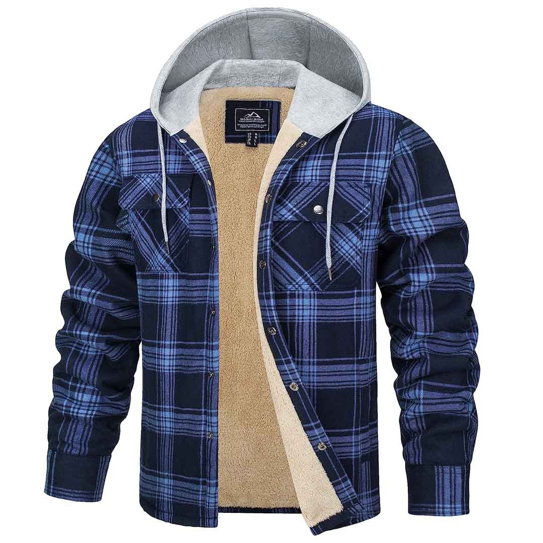 Men's plaid flannel shirt jacket with fleece lining, hooded snap-front, multiple pockets, cold weather