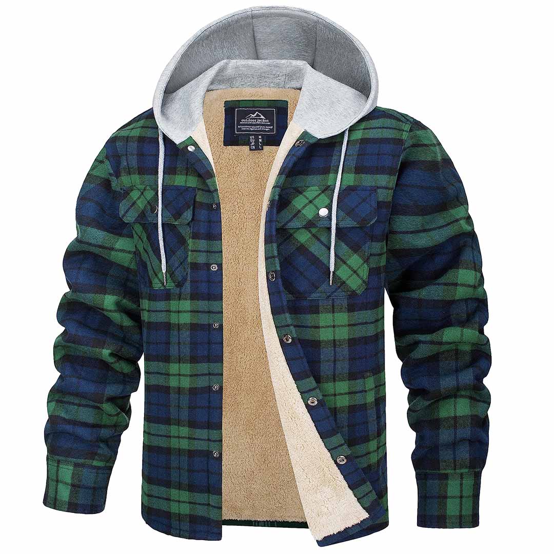 Men's plaid flannel shirt jacket with fleece lining, hooded snap-front closure, multiple pockets