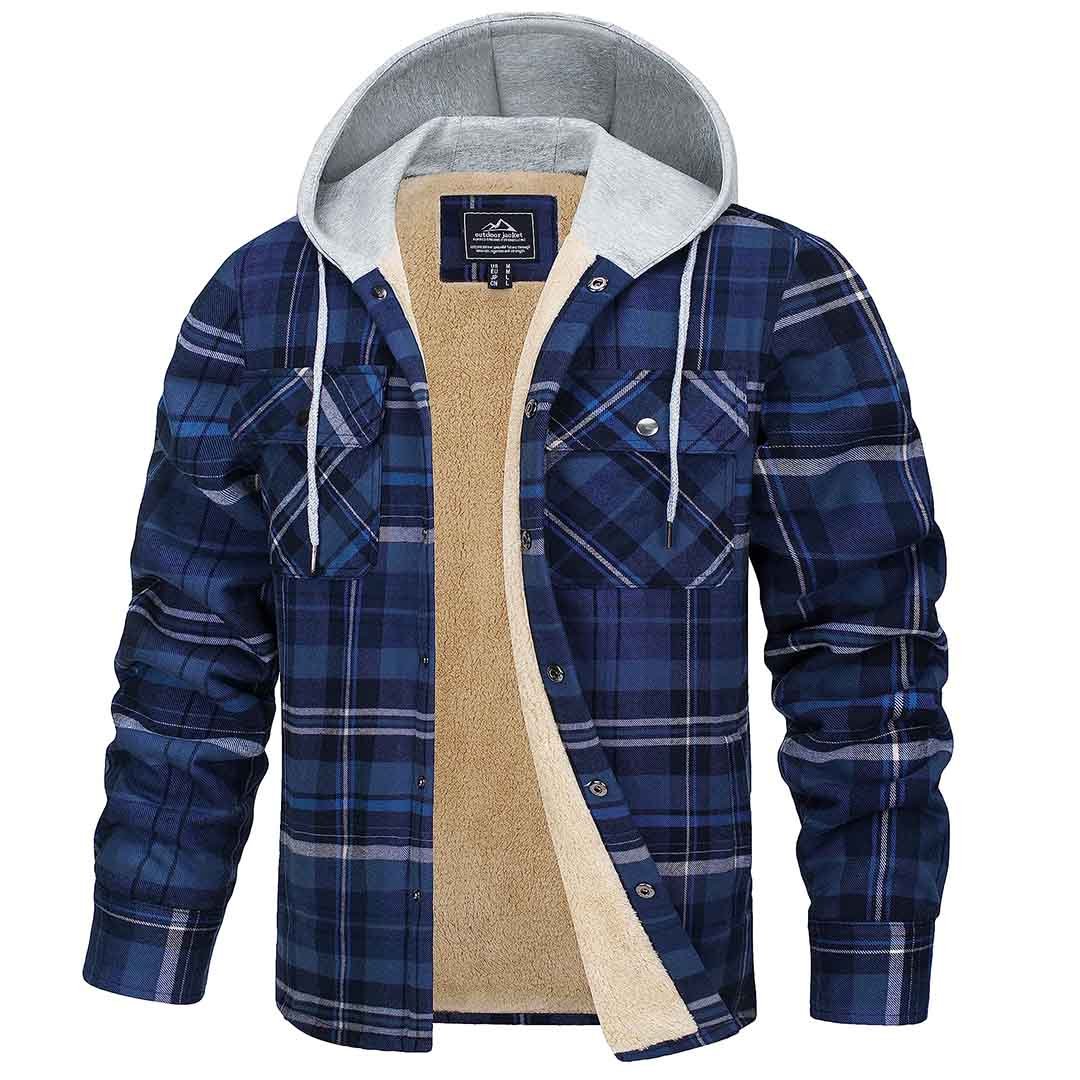 Men's plaid flannel shirt jacket with fleece lining, hooded snap-front closure and multiple pockets