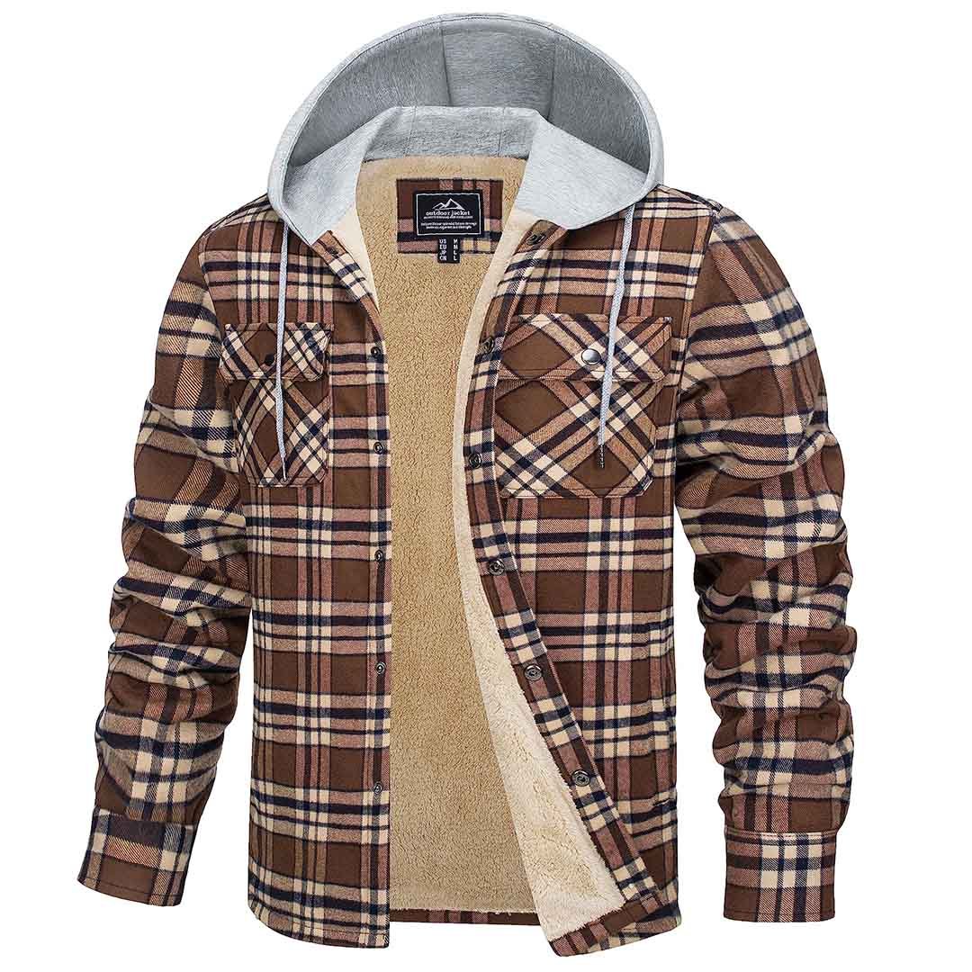 Men's plaid flannel shirt jacket with fleece lining, hooded snap-front, multi-pocket cold weather layer