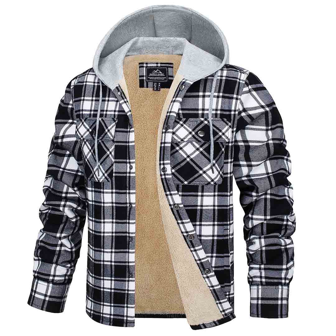 Men's plaid flannel shirt jacket with fleece lining, hooded snap-front, multi-pocket cold weather layer