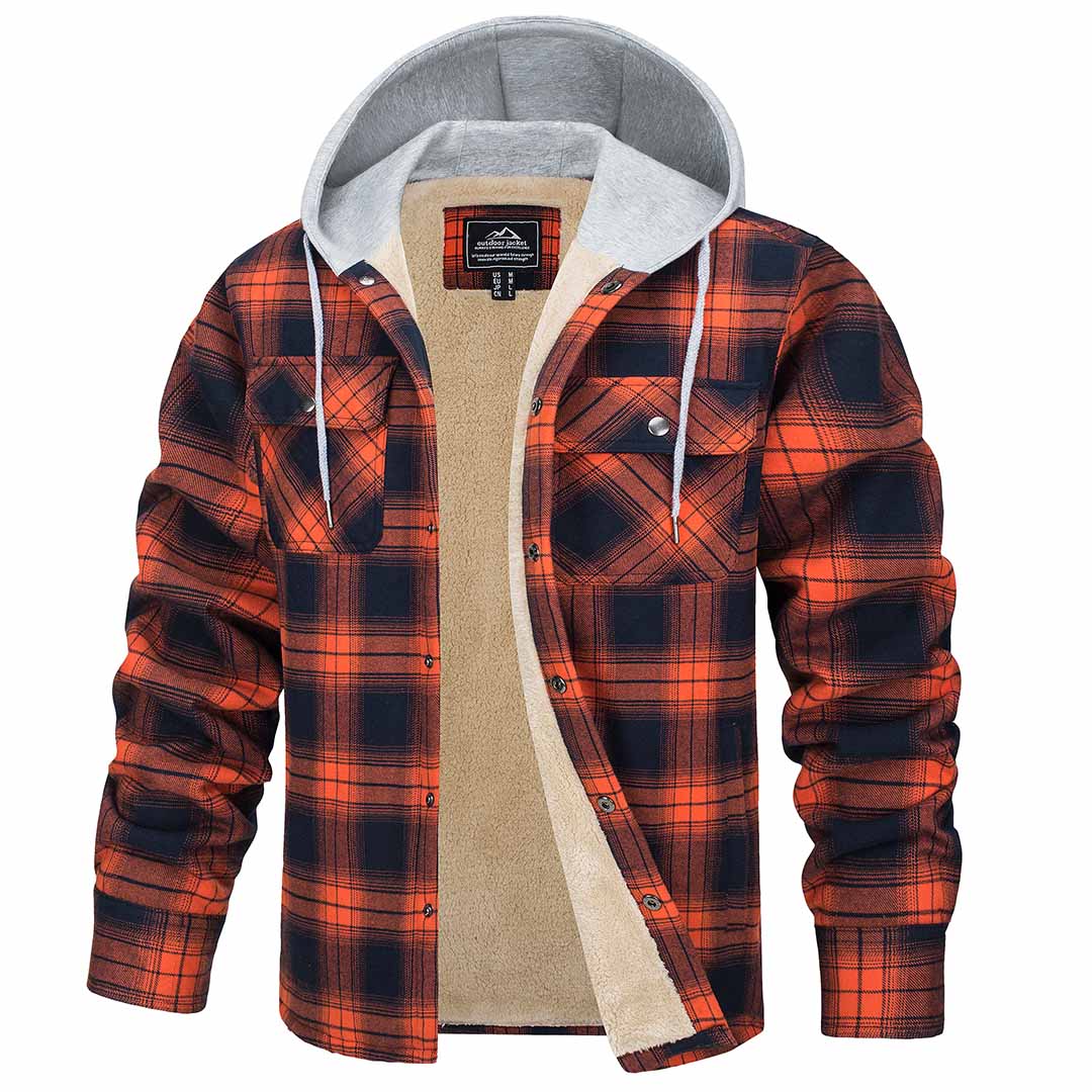 Men's plaid flannel shirt jacket with fleece lining, hooded snap-front, and multi-pocket cold weather design