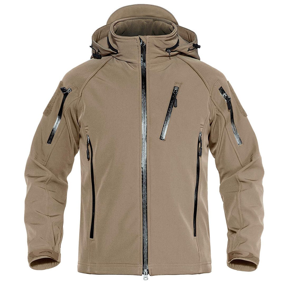 Men's tactical jacket water-resistant windproof fleece-lined with detachable hood for outdoor adventures