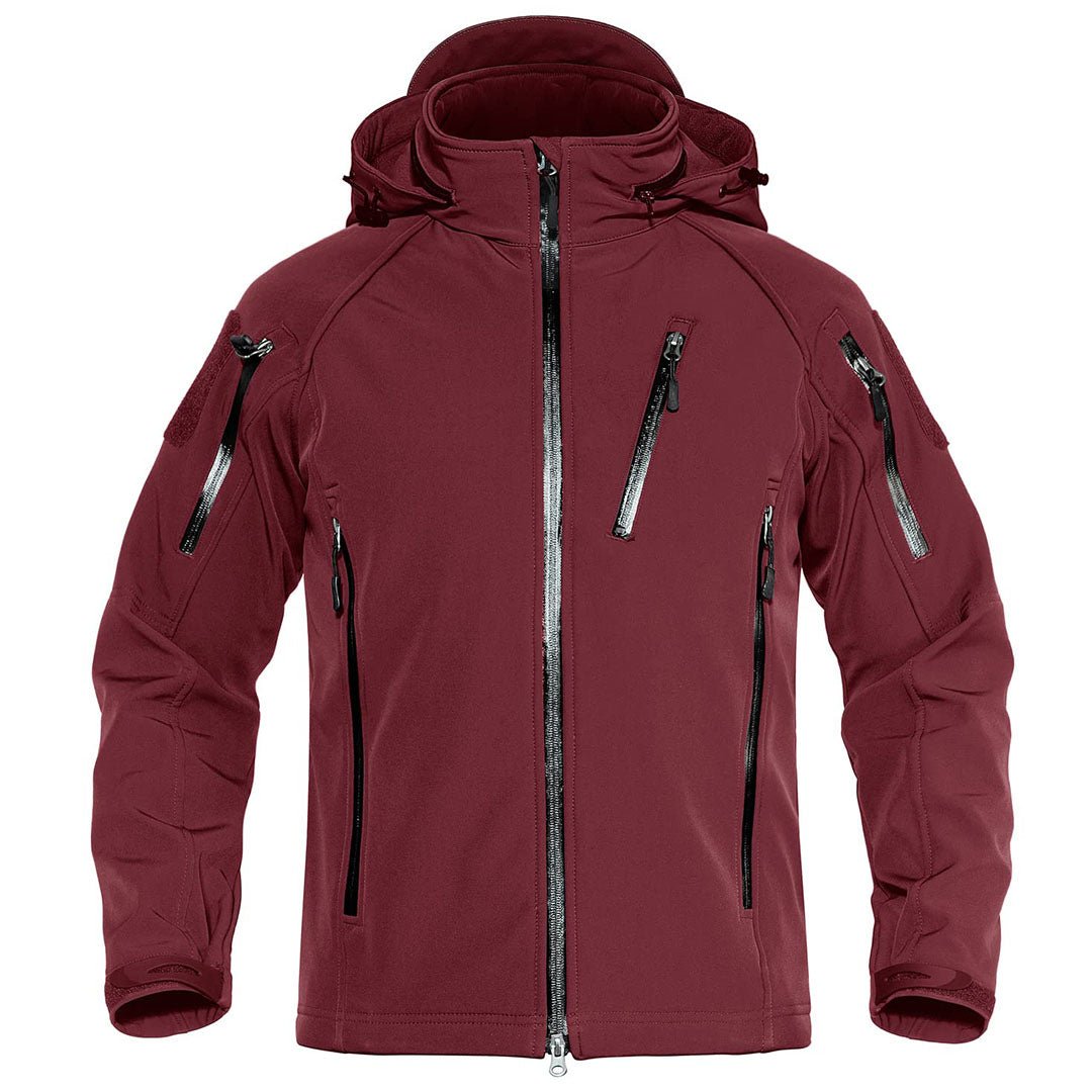 Men's tactical windproof jacket with fleece lining, water-resistant shell and detachable hood for outdoor use