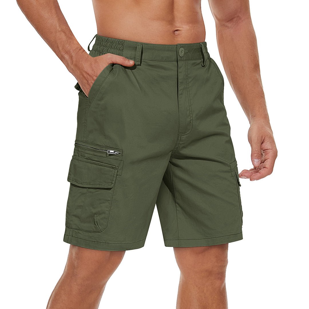 Men's lightweight cotton cargo shorts khaki elastic waistband breathable hiking multi-pocket outdoor fit