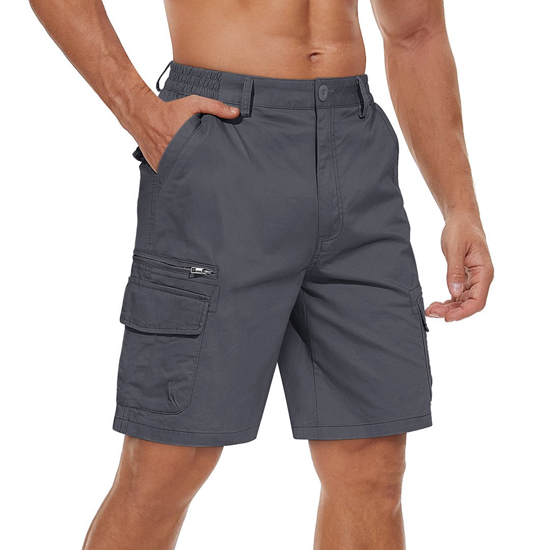 Men's lightweight cargo shorts khaki cotton-spandex blend elastic waistband multi-pocket hiking outdoor