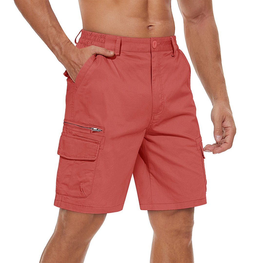 Men's lightweight cargo shorts khaki cotton-spandex blend elastic waistband outdoor hiking multi-pocket