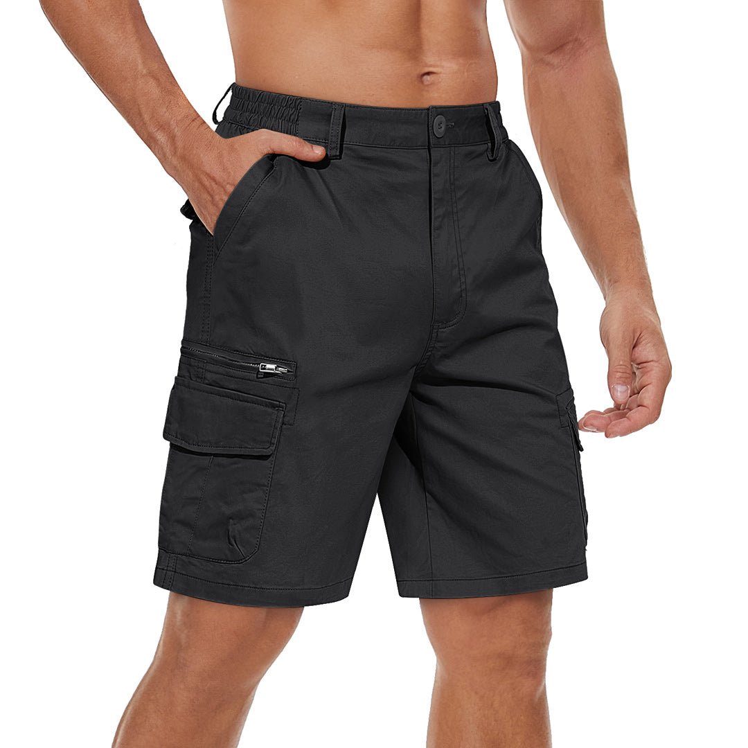 Men's khaki cargo shorts lightweight breathable cotton-spandex blend elastic waistband hiking outdoor